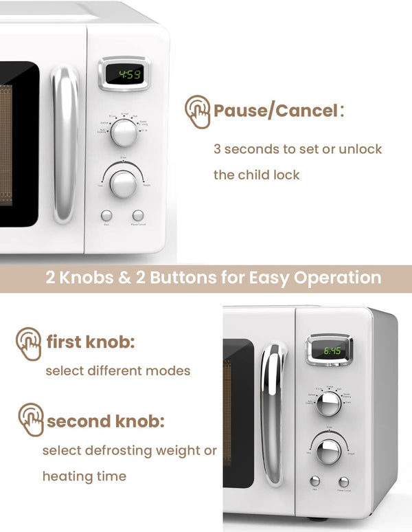 Retro Countertop Microwave Oven,  Compact Microwave Oven 0.9 Cu.Ft. W/Child Lock, 5 Micro Power, Defrost & 8 Auto-Cooking, LED Display, Easy Clean Interior, White, 900 W8