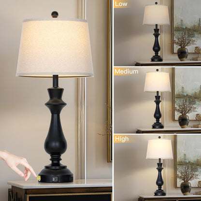 Modern Black Table Lamps Set of 2 for Living Room,30" Tall Bedside Lamp with USB Charging Port,3-Way Dimmable Touch Nightstand Lamp for Bedroom Desk Side Table Office,Black6