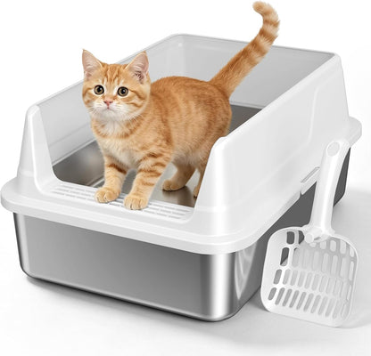 Stainless Steel Cat Litter Box with Scoop,M Metal Pan for Kittens | Metal Litter Box with High Sides & Lid, Open Top Low Entry , Non-Stick Easy Clean ，Kitty Cat Box for Indoor Cats, High Wall1