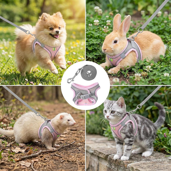Bunny Harness and Leash Set Breathable Pet Rabbit Harness and Leash Set Soft Rabbit Leashes Reflective Strips Jacket Escape-Proof Walking Gear for Rabbits, Small Kitten, Puppy, Guinea Pigs (Pink, XXS)6