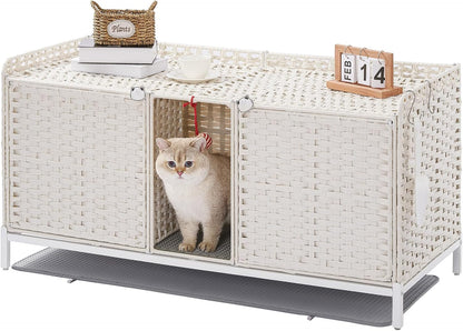 SETVSON Cat Litter Box Enclosure Furniture, Rattan PE Kitty House, Natural | Handwoven PE Rattan with 2 Soft Mats, Heightened Metal Feet, 2 S-Hooks, 30.3 X 18.3 X 28 in Spacious Interior Kitty Cabinet9