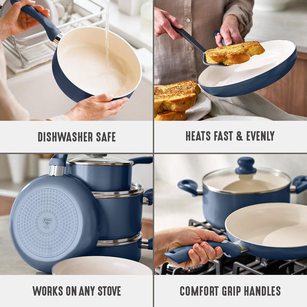 16Pc Ceramic Nonstick Pots & Pans Cookware Set, Slate Blue | Pfas-Free Nonstick Coating, Stockpot, Frying Pans, Saucepan, Sauté, Induction Ready, All Stovetop Compatible, Dishwasher Safe5