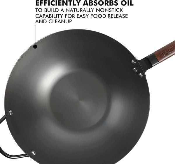 Carbon Steel Wok 14 Inch Flat Bottom Stir Fry Pan Durable Heavy Duty Cookware for High Heat Cooking Stir Fry Sautéing Frying Compatible with Gas Electric and Induction Stovetops4