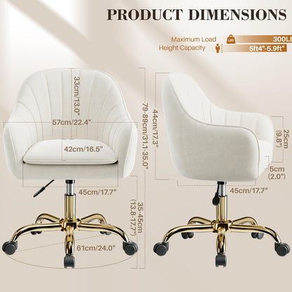Vanity Chair with Wheels, Comfy Home Office Desk Chairs Adjustable Modern Velvet Makeup Vanity Chairs for Bedroom Living Room-Beige3