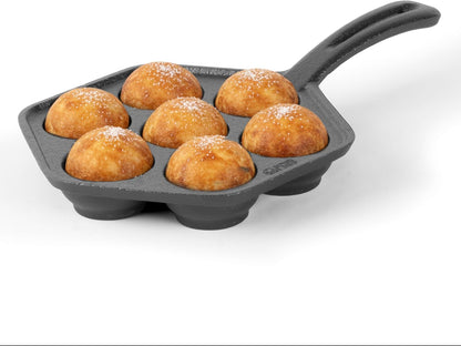 Danish Aebleskiver Pan, Pre-Seasoned Cast Iron, CHCI4105 | Seven Sections for Mini Puffs and Pancake Balls, Works on All Cooktops Including Induction, Outdoor Cookware for Grills1