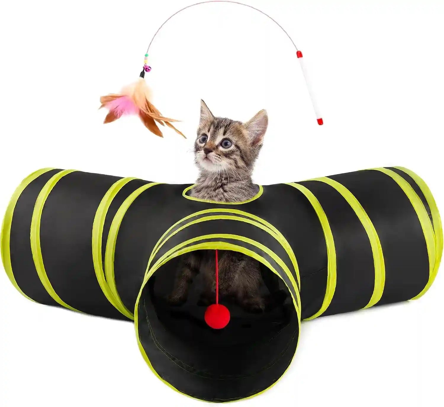 love-s-cabin-cat-tunnel-for-indoor-cats-3-way-collapsible-play-tunnel-with-teaser-wand-peek-holes-toy-ball-small-pet-toy-for-kittens-rabbits-black-blue-small-size