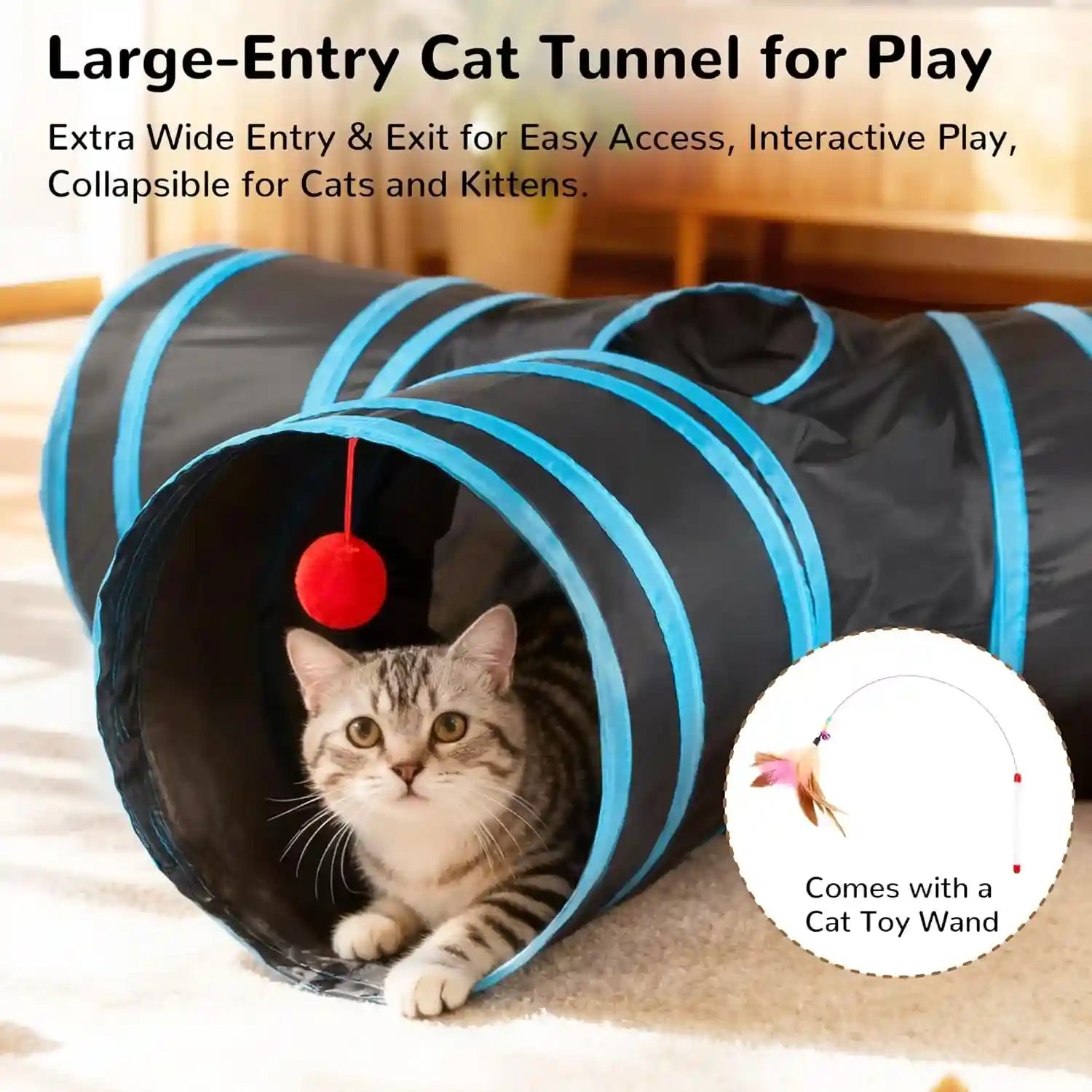 tempcore-pet-cat-tunnel-tube-toys-3-way-collapsible-tunnels-for-indoor-cats-interactive-tube-with-teaser-wand-peek-holes-hanging-ball-black-blue