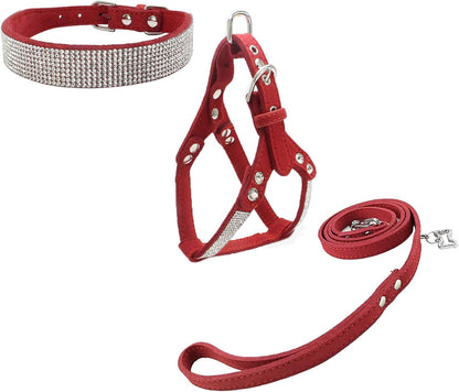 Dog Collar & Harness & Lead Sets Fashion Dog Collar Diamante with Harness & Leashes Comfortable Soft Collar Harness and Leashes Set for Dog - Pink - XS7