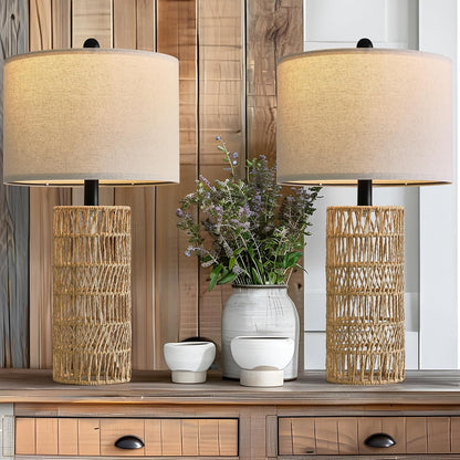 22.5" Boho Table Lamps Set of 2 for Living Room, Bedside Lamp for Nightstands, Rattan Lamp for Bedroom, Farmhouse Table Lamp for Room Decor, End Table, Retro, Brown（Not Include Bulbs）5