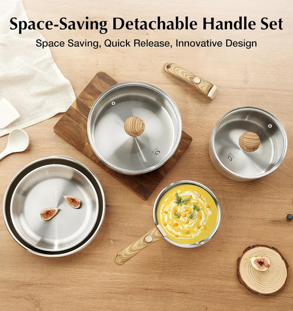 Stainless Steel Cookware Set, 18/10 Stainless Steel Pots and Pans Set 11PCS, Detachable Handle Pots and Pans for Easy Storage, Removable Handle Cooking Set, Induction Compatible6