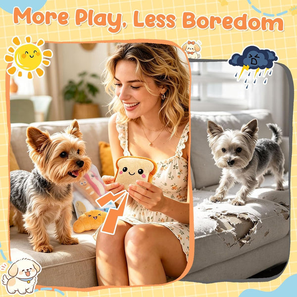 KIPRITII Dog Squeaky Toys for Small Dogs, Breakfast-Themed Puppy Toys to Keep Them Busy, Plush Toys with Squeaker for Interactive Play, Includes Storage Bag5