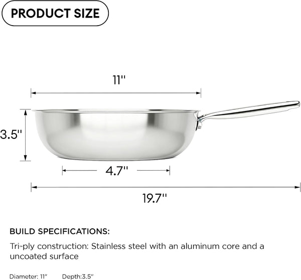 11" Wok Pan with Lid, Stainless Steel Deep Skillet for Stir-Fry | Non-Toxic Uncoated Cookware, Flat Bottom, Oven Safe, Induction Ready, Stay-Cool Handle, 3-Ply Stainless Steel Clad8