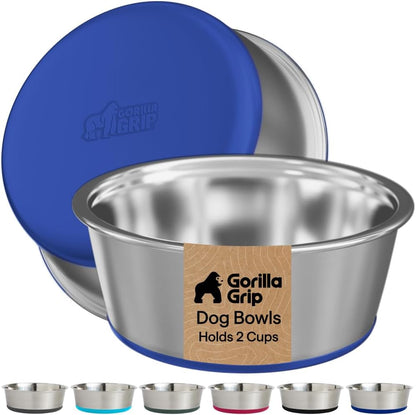GORILLA GRIP Dog Bowls, Food Grade 304 Stainless Steel, Holds 2 US Cups Each (16 Fl Oz) Food and Water Bowl for Feeding Dogs and Cats, Dishwasher Safe, Rust Resistant BPA Free Rubber Base, 2 Set Black32