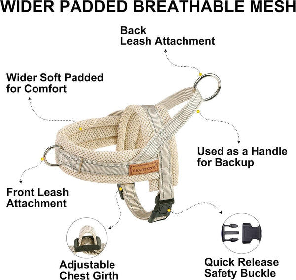 BEAUTYZOO Dog Harness No Pull, Quick Fit Dog Harness and Leash Set, Escape Proof Vest Harness with Soft Handle, Reflective Breathable Mesh Padding Harness for Medium Size Dog Training Walking, Beige M3