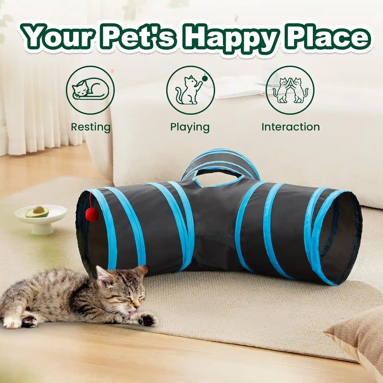 love-s-cabin-cat-tunnel-for-indoor-cats-3-way-collapsible-play-tunnel-with-teaser-wand-peek-holes-toy-ball-small-pet-toy-for-kittens-rabbits-black-blue-small-size
