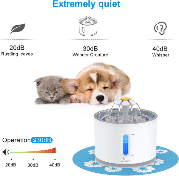 Wonder Creature Cat Water Fountain Stainless Steel Lid 81Oz/2.4L-3 Filters | Pet Fountain with 3 Carbon Filters, 1 Mat, Quiet Pump, LED Water Level Window, Bpa-Free Stainless Steel Lid6