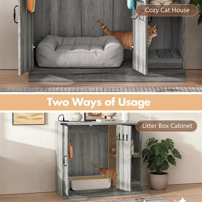 Large Cat Litter Box Enclosure Furniture with Litter Collector, Hidden Litter Box Cabinet with Storage Shelves & Power Outlet, Wooden Cat House Cat Washroom for Automatic Litter Box4