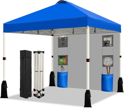 10X10 Pop up Canopy Tent, 1-Button Push Setup Canopy Tent with 1 Sidewall, Adjustable Height Instant Portable Shelter,Portable Roller Bag, Easy Outdoor Sun Shade for Events,4 Weight Bags,Blue1