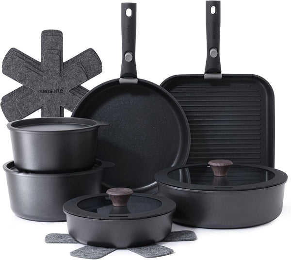 17 Piece Nonstick Detachable Handle Pots and Pans Set Black | Removable Handle Cookware Set, Induction Cookware Set with Removable Handle, Healthy Non Stick for RV, Dishwasher ＆ Oven Safe1