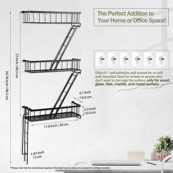 Fire Escape Wall Shelf - New York Decorative Ladder Shelf, Wall Art Floating Shelf Black Metal Shelves for Bedroom, Home Office Storage and Display (3-Tier)2