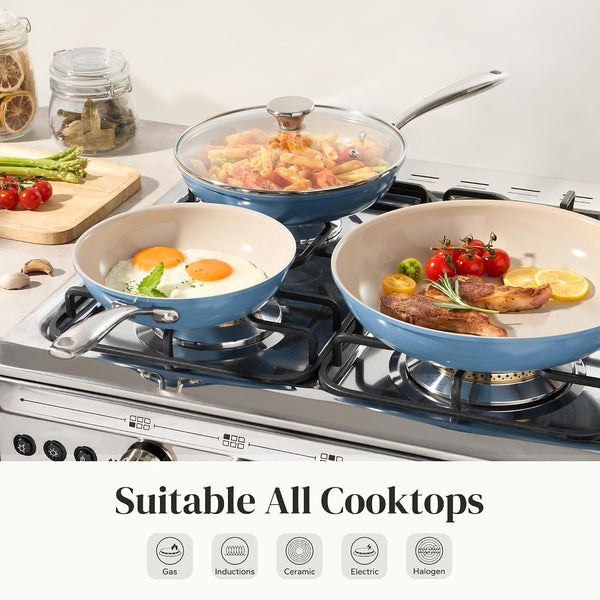 Nonstick Cookware Sets, Ceramic Frying Pan Set with Tempered Glass Lids, Non Stick Cooking Set, Dishwasher & Oven Safe, Induction Safe, Compatible with All Cooktops, Blue (8", 9.5", 11")8