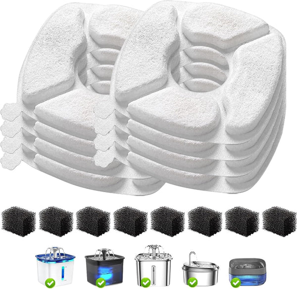32 Pcs Cat Water Fountain Replacement Filters-16 Pack Cat Fountain Filters with 16 Pack Sponges, Enhanced Compatibility Pet Fountain Filter Fit for 95Oz/2.8L 135Oz/4L 67Oz/2L Pet Drinking Fountain11