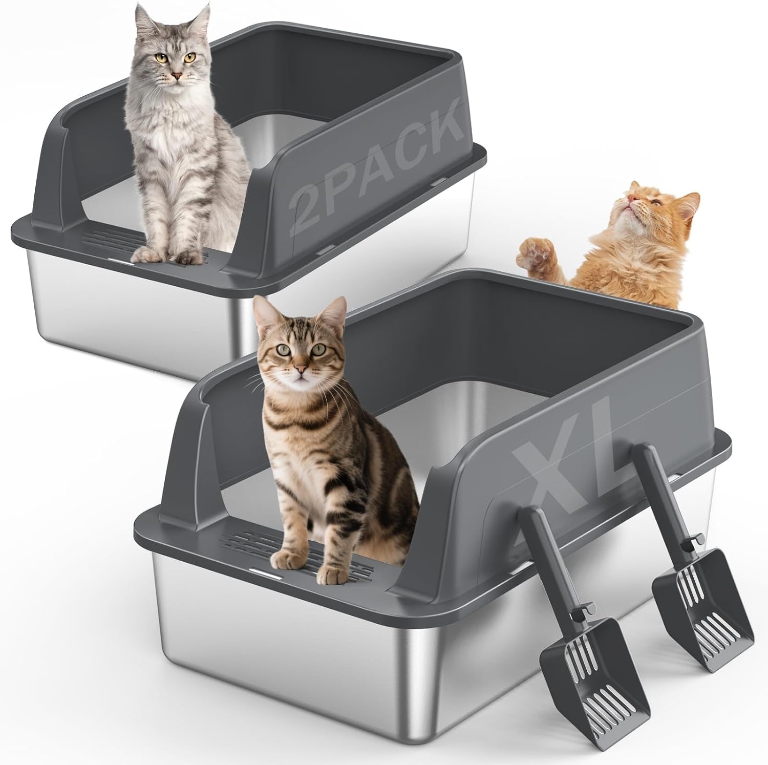 2pack-stainless-steel-litter-box-extra-large-litter-boxes-for-big-cats-xl-metal-cat-litter-box-with-lid-high-sides-anti-urine-leakage-non-sticky-scoop-included