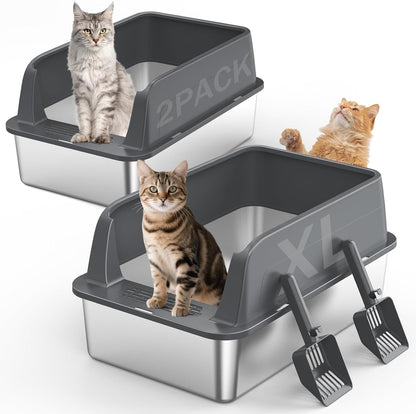 2PACK Stainless Steel Litter Box, Extra Large Litter Boxes for Big Cats, XL Metal Cat Litter Box with Lid High Sides, Anti-Urine Leakage, Non-Sticky, Scoop Included1