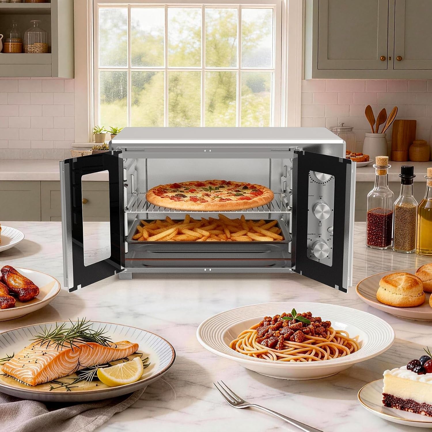 8-in-1-french-door-countertop-toaster-oven-compact-countertop-oven-with-infrared-speedheat-for-bake-broil-toast-fits-12-pizza-38l-capacity-158-482-f-temp-controls-60-min-timer-silver