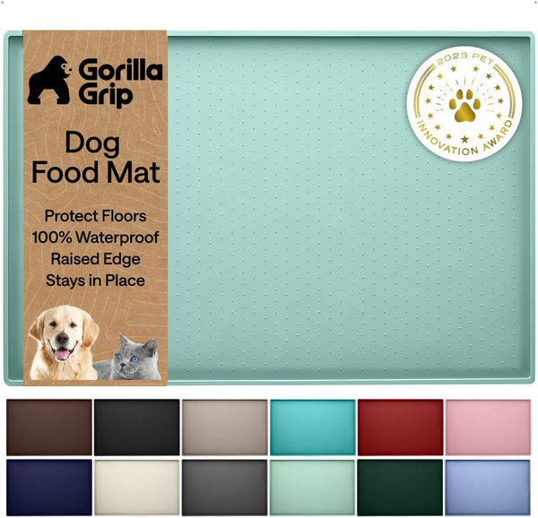 GORILLA GRIP 100% Waterproof Raised Edge BPA Free Silicone Pet Feeding Mat, Dog Cat Food Mats Contain Spills Protects Floors, Placemats for Cats and Dogs Water Bowl, 18.5X11.5, Gray23
