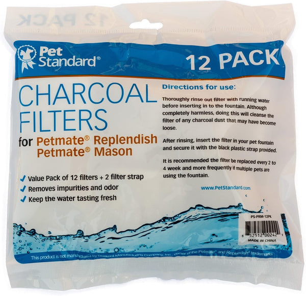 PET Standard Charcoal Filters for Petmate Replendish & Mason, 12-Pack | Compatible with Petmate Replendish and Mason Gravity Waterers. Includes 12 Charcoal Filters and 2 Filter Straps.3