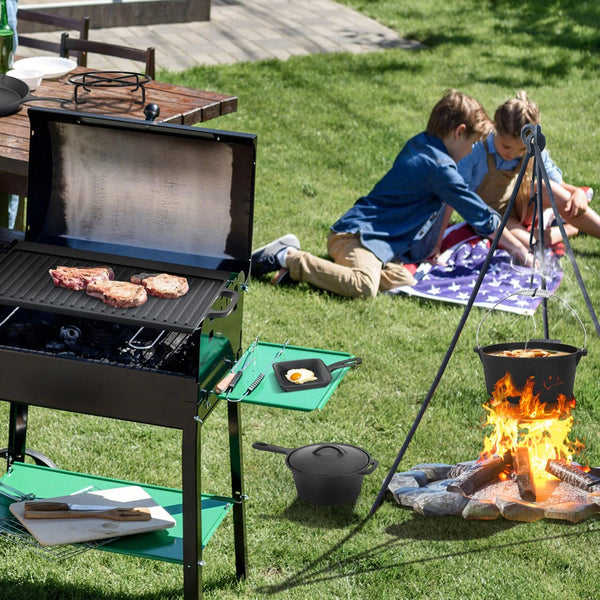 8 Piece Pre-Seasoned Dutch Oven Cooking Set Cast Iron Camping Kitchen Cookware Bakeware Skillets & Square Grill Pan W/Vintage Carrying Wood Box for Ourdoor Home BBQ Baking9