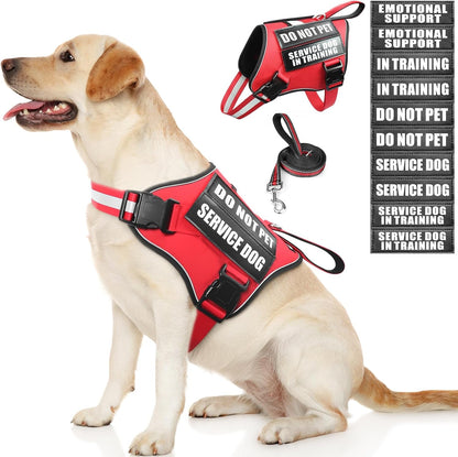 Service Dog Vest Harness and Leash Set+10 Patches,No Pull&Adjustable Reflective Dog Harness with Soft Padded Handle for Training/Everyday,Fit Small/Medium/Large/Extra-Large Dogs(Red XL) | No Pull&Adjustable Reflective Service Dog Harness Large Sized,Dog Leash with 2 Soft Padded Handles,For Training Working8