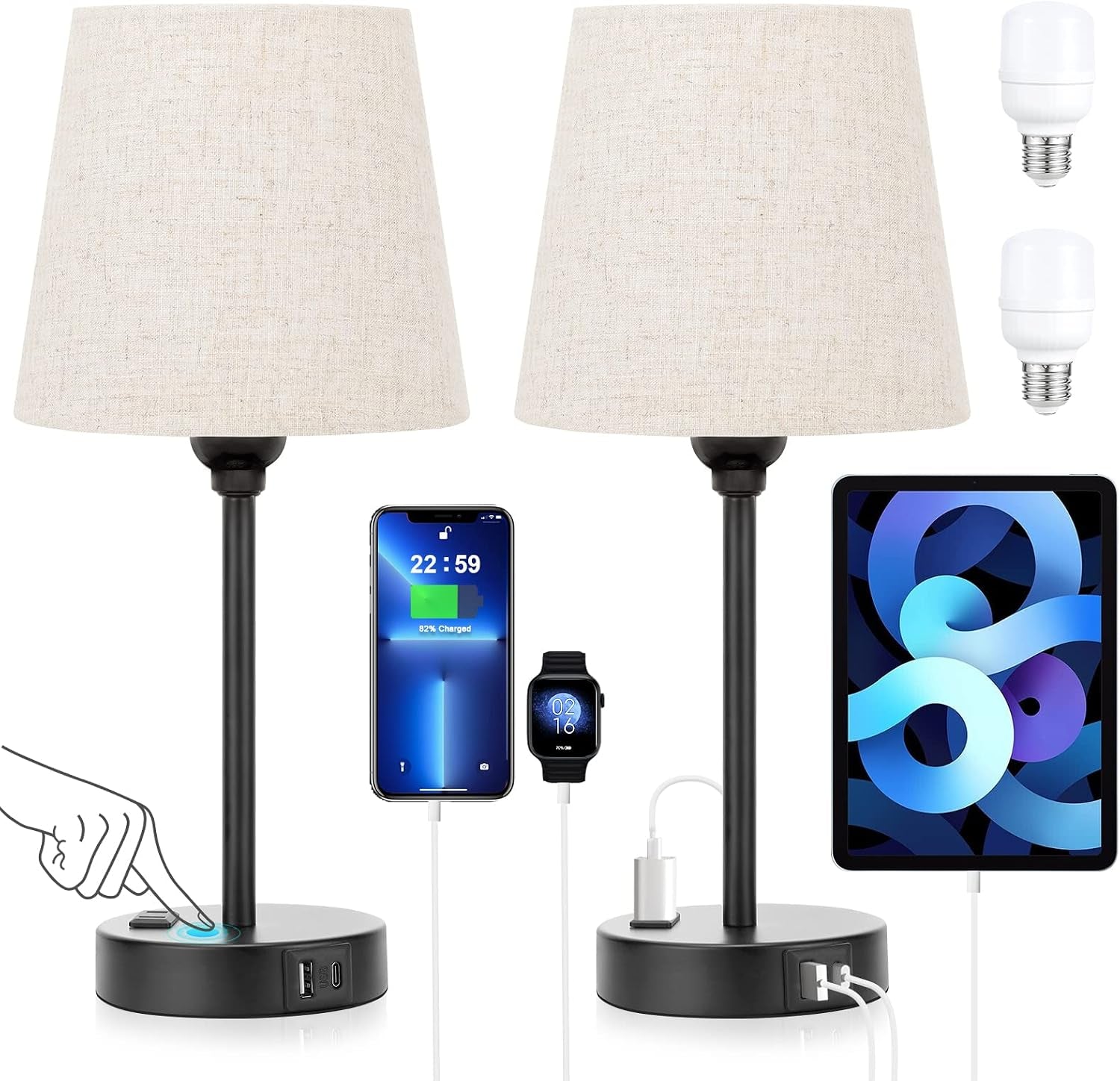 bedside-table-lamps-set-2-for-bedroom-dimmable-touch-usb-c-a-ac-outlet-14-5-mini-lamp-3-way-dimmable-led-bulbs-included-trapezoid-barrel-fabric-lampshade-nightstand-light-for-guest-room-kids