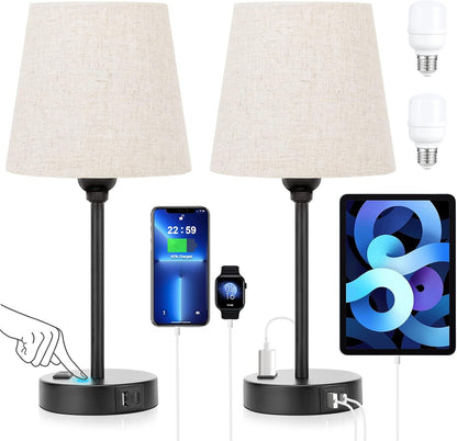 Bedside Table Lamps Set 2 for Bedroom - Dimmable Touch, USB C+A, AC Outlet | 14.5" Mini Lamp, 3-Way Dimmable, LED Bulbs Included, Trapezoid Barrel Fabric Lampshade, Nightstand Light for Guest Room, Kids9