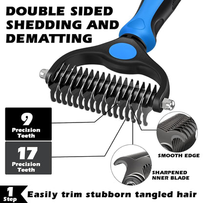Professional 3PCS Self Cleaning Slicker Brush & Pet Grooming Rake & Flea Comb for Dogs,Cats and Horses | Double-Sided Dematting Comb & Skin Friendly Deshedding Grooming Tool | Pet Supplies (Blue)2