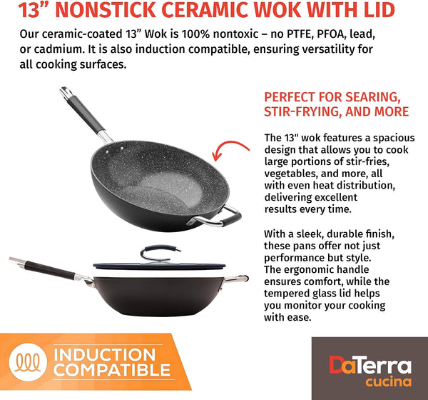 - Nonstick Ceramic Wok with Lid - Oven & Induction Safe, 13" | Italian Crafted Cookware, PTFE, PFOA Free, Tempered Glass Lid, Oven Safe up to 450°F, Even Heat Distribution, Easy Cleanup2