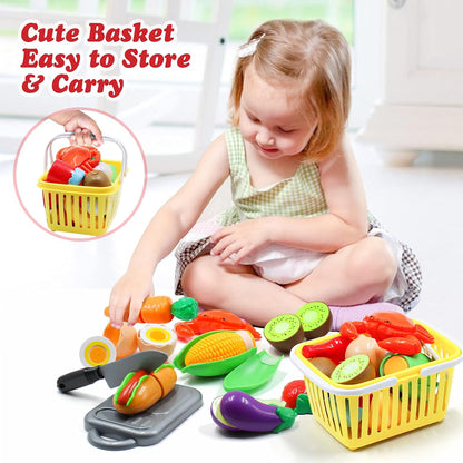 Kids Pretend Play Kitchen Toys Accessories Set, 32Pcs Stainless Steel | Toy Pots and Pans Sets W/ Rack Organizer, Metal Cooking Utensils & Apron, Play Food W/ Basket for Kids Girls Boys Toddlers 3+4