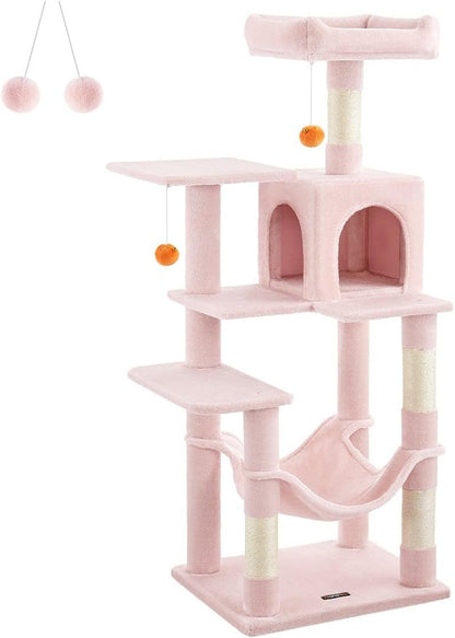 Feandrea Cat Tree, 59.5-Inch Tall Cat Tower, Plush Multi-Level Condo with 5 Scratching Posts, 2 Perches, 2 Caves, Hammock, 2 Pompoms, Light Gray UPCT192W0116