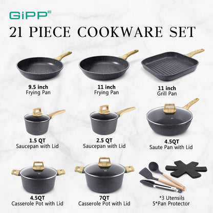 21Psc Pots and Pans Set Non Stick - Grey Ceramic Kitchen Cookware Sets Nonstick Induction Cookware Non-Toxic Cooking Pan Set with Silicone Utensils, PFOS and PFOA Free2