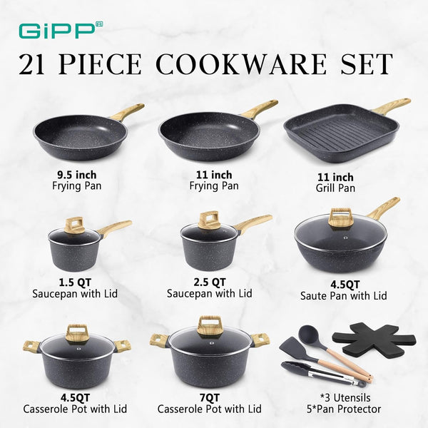 21Psc Pots and Pans Set Non Stick - Grey Ceramic Kitchen Cookware Sets Nonstick Induction Cookware Non-Toxic Cooking Pan Set with Silicone Utensils, PFOS and PFOA Free2