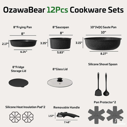 12 Pcs Pots and Pans Set Non Stick, Ceramic Cookware Set Non Toxic with Detachable Handles, Healthy Induction Cookware Oven Safe RV Kitchen Set, PFAS PFOA & PTFE Free, Black2