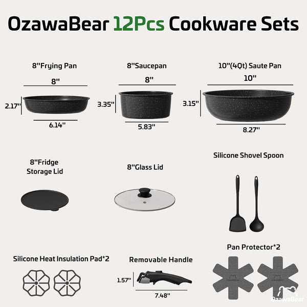 12 Pcs Pots and Pans Set Non Stick, Ceramic Cookware Set Non Toxic with Detachable Handles, Healthy Induction Cookware Oven Safe RV Kitchen Set, PFAS PFOA & PTFE Free, Black2