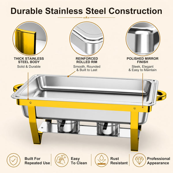 4Pack Rectangular Chafing Dishes for Buffet,Total 36QT Set with 7 Food Pans | Versatile 7 Pan Setup ,450°F Oven-Safe Pans,Hot Cold Food Service,Bonus Tongs,Easy Assembly Storage,Elegant Gold Finish7