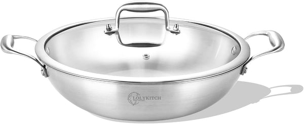 11-Inch Stainless Steel Wok with Lid | 3.5-Quart | Dual Handles | Small | Uncoated Tri-Ply Stir Fry Pan | Everyday Cooking Wok for Induction | Flat Bottom | PFOA-FREE | 2-3 Servings ﻿1