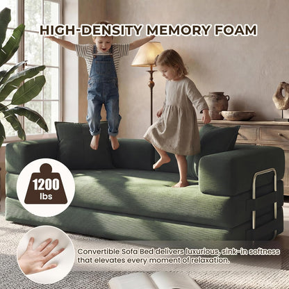 78 Inch Convertible Sofa Bed, 5-In-1 Futon Sofa Bed Pull Out Couch, Boneless Couch Bed for Living Room, Corduroy Boneless Couches for Bedroom, Apartment, No Assembly Sleeper Sofa Bed, Green7