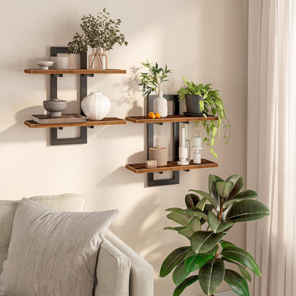 Floating Shelves for Wall, 15" Wall Shelf Set of 2, Wall Mounted Storage Shelves 2-Tier, Hanging Bathroom Shelves, for Living Room, Bedroom, Bathroom, Kitchen, Rustic Brown and Black BF32BJ01G11