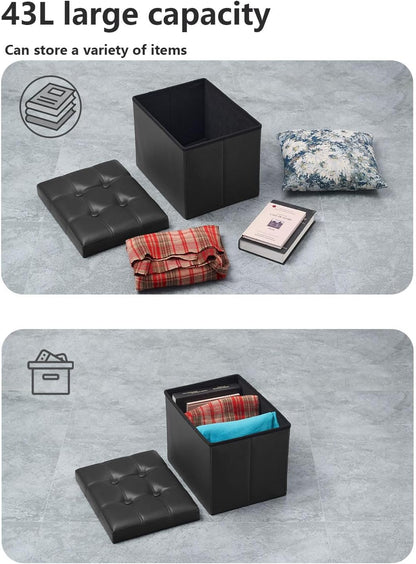 Storage Ottoman, Folding Foot Stool with Thicker Foam Padded Seat Small Leather Storage Ottoman Bench Foot Rest for Living Room Foldable Coffee Table 17X13X13In,Black | Ottoman with Storage, Thicker Foam Padded Seat, Living Room, Dorm, Bedroom, Load 440 Lbs,Easy to Install, 17X13X13In6