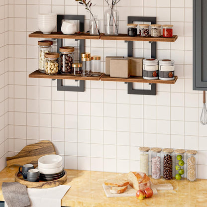 Floating Shelves for Wall, 15" Wall Shelf Set of 2, Wall Mounted Storage Shelves 2-Tier, Hanging Bathroom Shelves, for Living Room, Bedroom, Bathroom, Kitchen, Rustic Brown and Black BF32BJ01G13