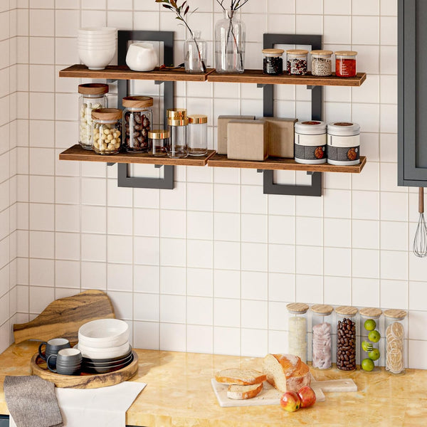 Floating Shelves for Wall, 15" Wall Shelf Set of 2, Wall Mounted Storage Shelves 2-Tier, Hanging Bathroom Shelves, for Living Room, Bedroom, Bathroom, Kitchen, Rustic Brown and Black BF32BJ01G13